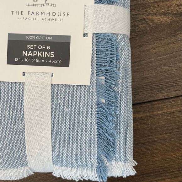 RACHEL ASHWELL The Farmhouse Blue Raw Edge 18 X 18 Cloth Napkins Set 6 NEW - Picture 6 of 9